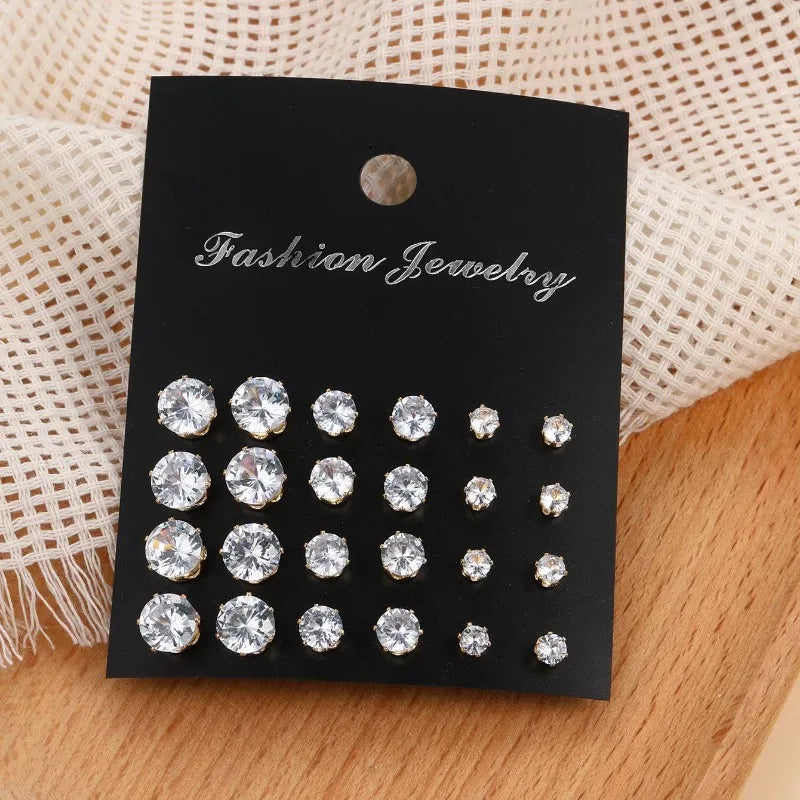 New 12 Pair Pack White Shiny Wedding Stud Earrings Set For Women Men Crystal Rhinestone Earrings