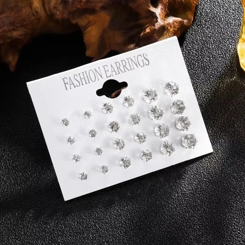 New 12 Pair Pack White Shiny Wedding Stud Earrings Set For Women Men Crystal Rhinestone Earrings