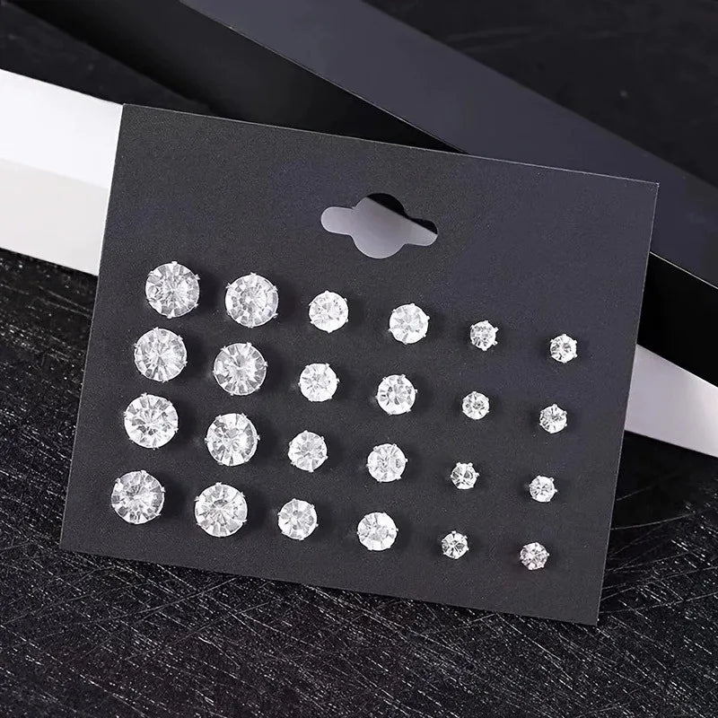 New 12 Pair Pack White Shiny Wedding Stud Earrings Set For Women Men Crystal Rhinestone Earrings