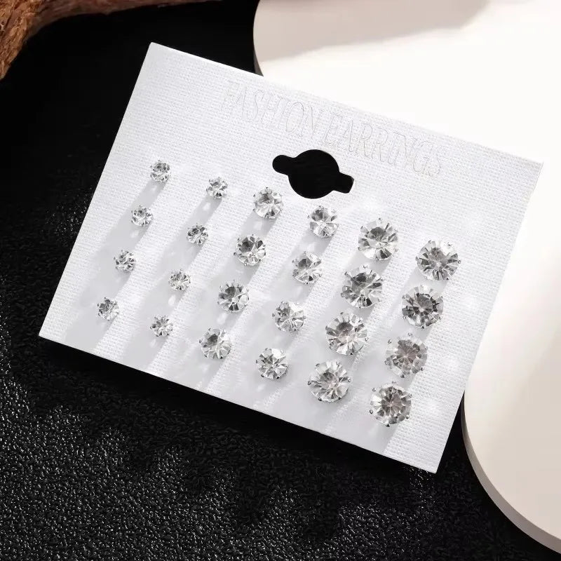 New 12 Pair Pack White Shiny Wedding Stud Earrings Set For Women Men Crystal Rhinestone Earrings
