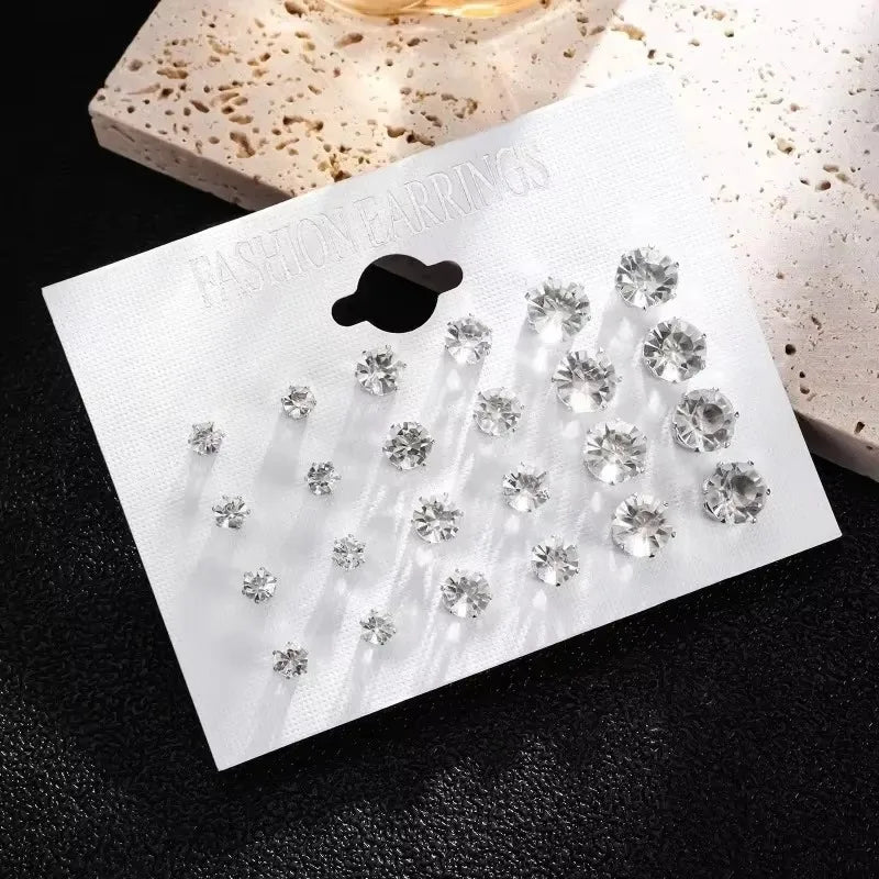 New 12 Pair Pack White Shiny Wedding Stud Earrings Set For Women Men Crystal Rhinestone Earrings