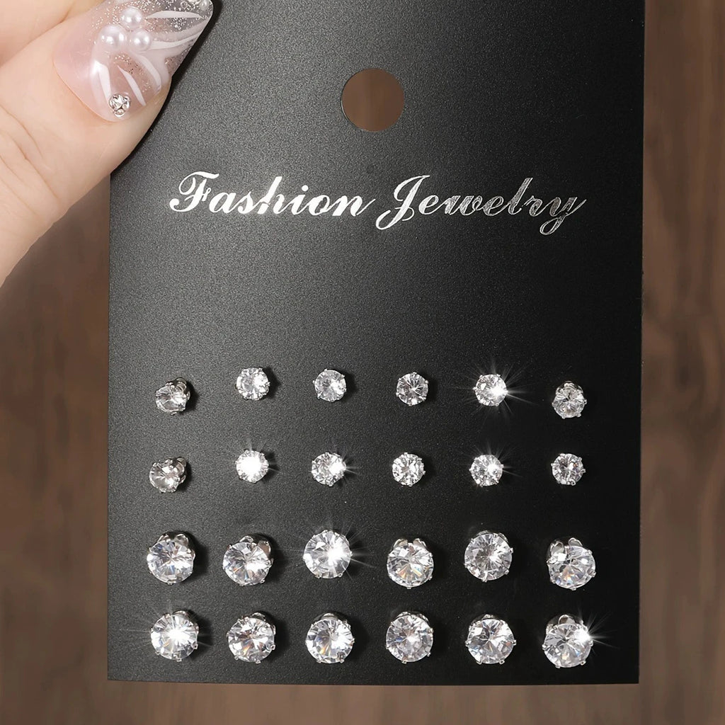 New 12 Pair Pack White Shiny Wedding Stud Earrings Set For Women Men Crystal Rhinestone Earrings