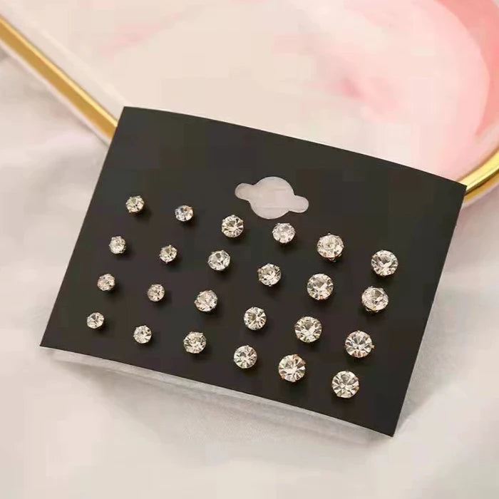 New 12 Pair Pack White Shiny Wedding Stud Earrings Set For Women Men Crystal Rhinestone Earrings