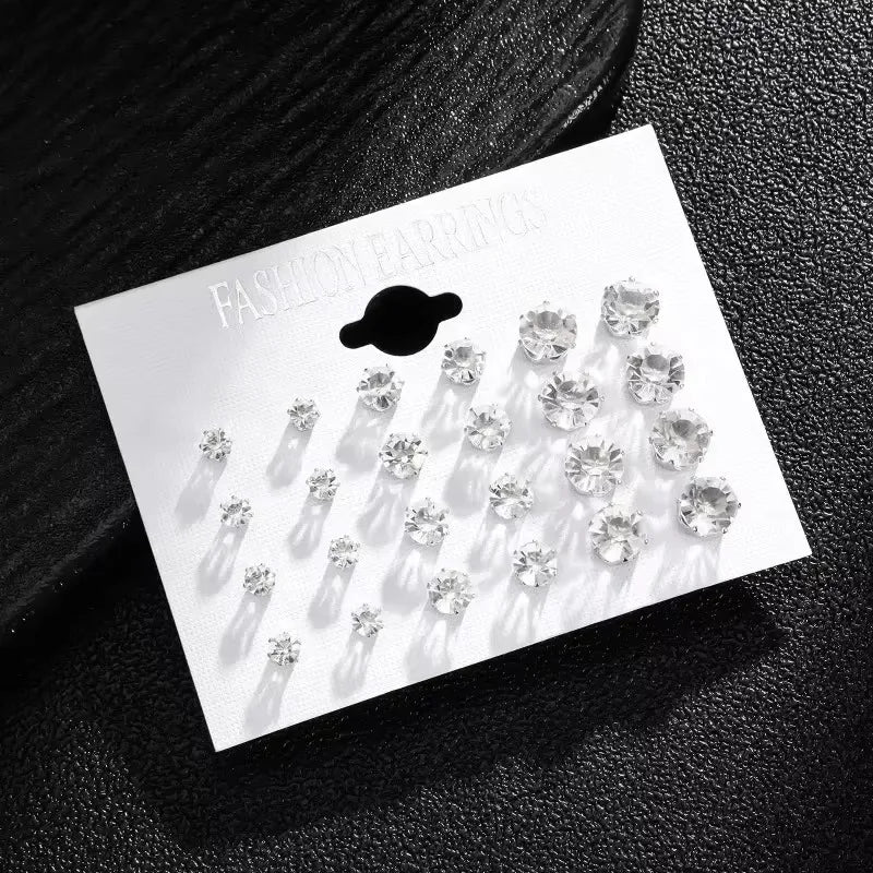 New 12 Pair Pack White Shiny Wedding Stud Earrings Set For Women Men Crystal Rhinestone Earrings
