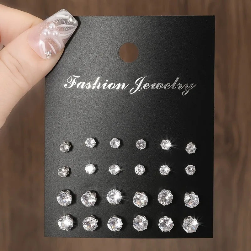 New 12 Pair Pack White Shiny Wedding Stud Earrings Set For Women Men Crystal Rhinestone Earrings