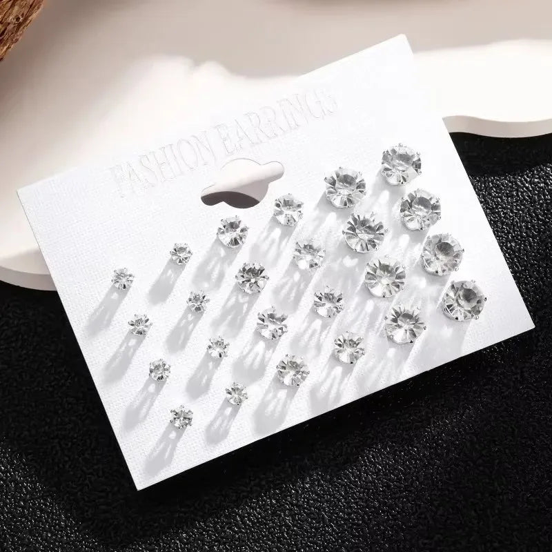 New 12 Pair Pack White Shiny Wedding Stud Earrings Set For Women Men Crystal Rhinestone Earrings