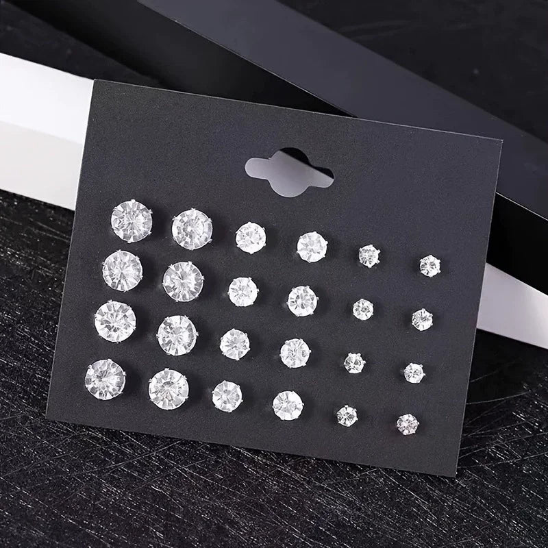 New 12 Pair Pack White Shiny Wedding Stud Earrings Set For Women Men Crystal Rhinestone Earrings